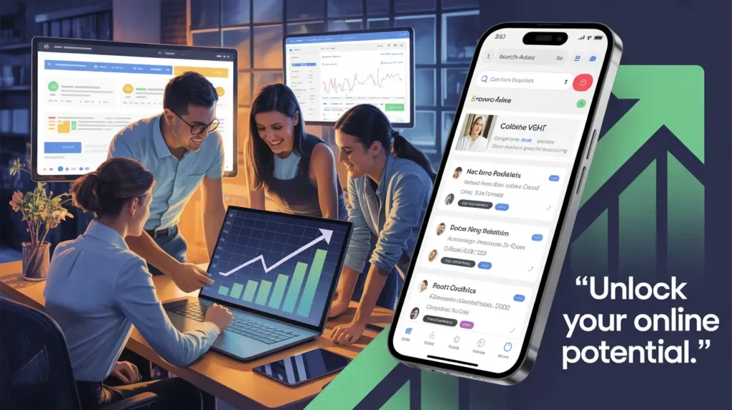 "Team analyzing digital marketing performance on screens with mobile interface showcasing online brand engagement" SEO Expert in Kolkata || Subhrajit Paul