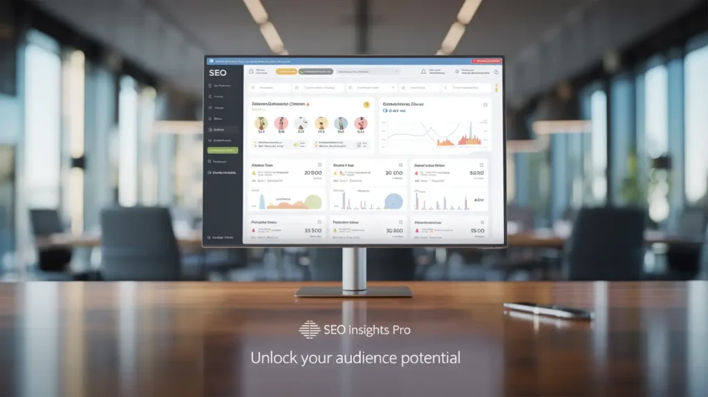 "Computer monitor displaying SEO analytics dashboard in a modern office with the text 'Unlock your audience potential'" Subhrajit Paul