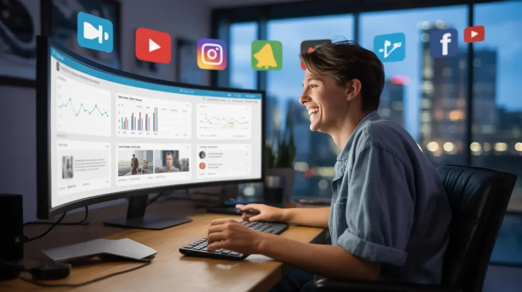 Digital marketing expert analyzing video performance and social media analytics on a large monitor, showcasing YouTube channel management and growth strategy