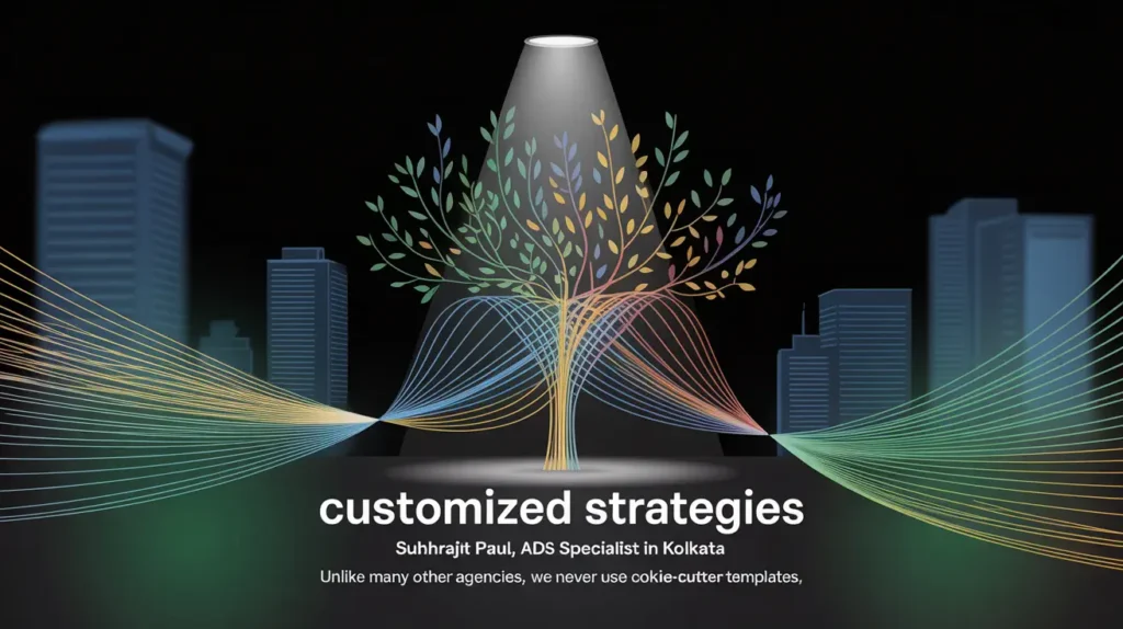 Illustration of a spotlighted, multi-colored tree symbolizing unique advertising strategies, with vibrant data streams converging in an urban skyline background. Ads Specialist in Kolkata || Subhrajit Paul