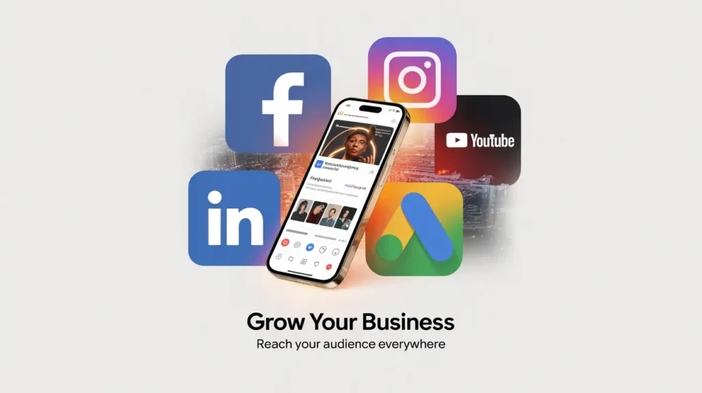 Smartphone displaying an ad interface surrounded by Facebook, Instagram, LinkedIn, YouTube, and Google Ads logos, symbolizing cross-platform digital marketing. Ads Specialist in Kolkata || Subhrajit Paul