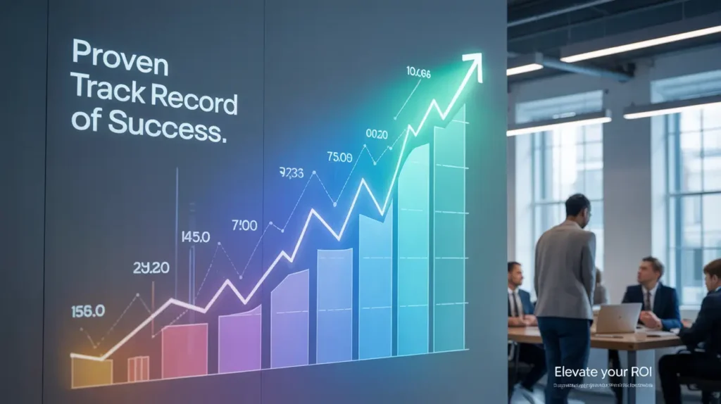 Business professionals discussing campaign strategy in a modern office with a graph showing exponential ROI growth and success metrics.Ads Specialist in Kolkata || Subhrajit Paul