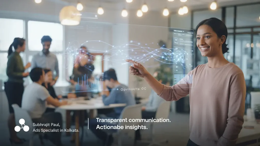 Smiling woman interacting with futuristic data interface in a collaborative office, symbolizing clear communication and actionable insights in advertising. Ads Specialist in Kolkata || Subhrajit Paul