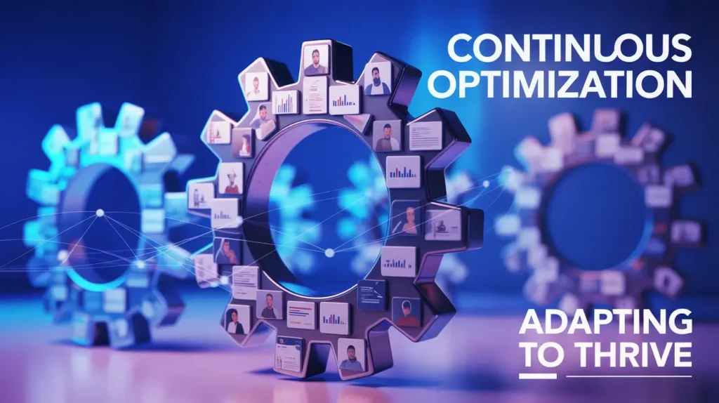 Digital gears with embedded data charts and profile thumbnails symbolizing continuous optimization and adaptive advertising performance.