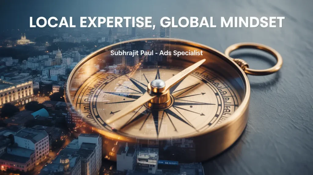 A golden compass overlayed on the skyline of Kolkata, symbolizing direction, strategy, and a blend of local insight with global perspective.