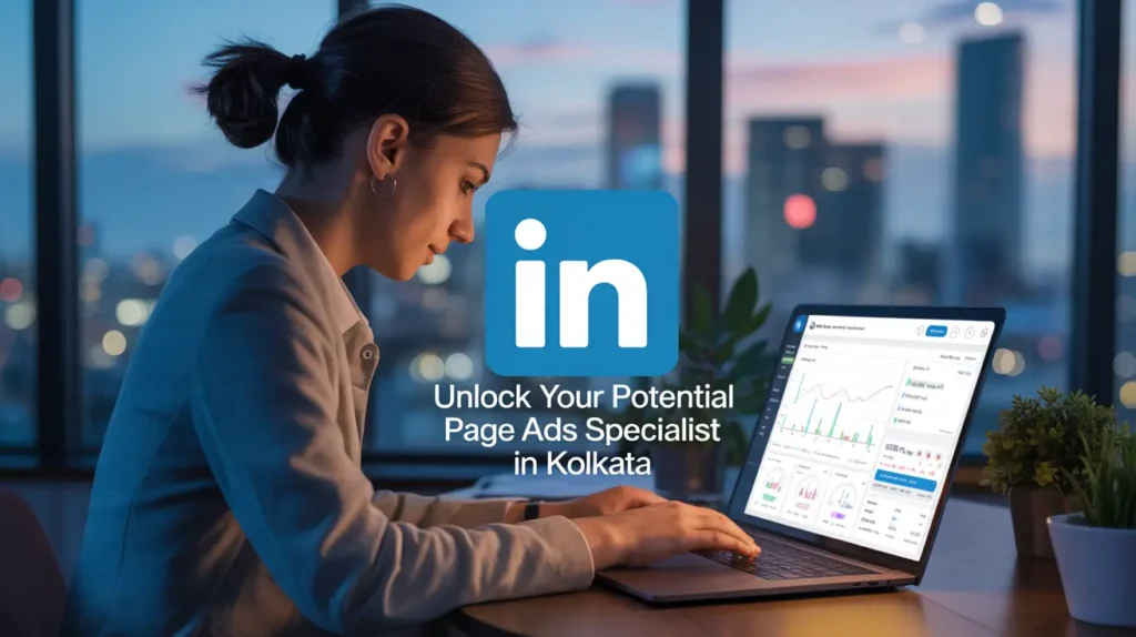 Marketing professional analyzing LinkedIn ad campaign metrics on a laptop at sunset.Ads Specialist in Kolkata || Subhrajit Paul