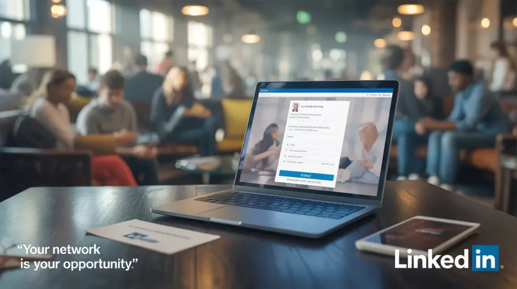 "Laptop screen displaying LinkedIn login page in a café environment, symbolizing professional networking and digital marketing services by Subhrajit Paul"