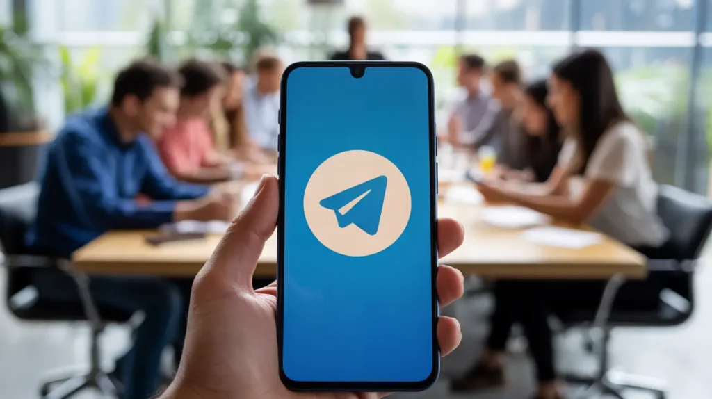 "Hand holding smartphone displaying Telegram app with a business team brainstorming in the background, representing community building through Telegram"