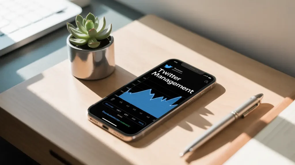 "Mobile screen showing Twitter analytics dashboard with Twitter Management text, representing Subhrajit Paul's digital marketing strategy in Kolkata"