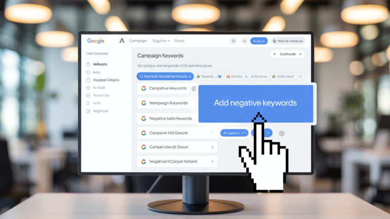 Google Ads interface showing the negative keywords settings tab
