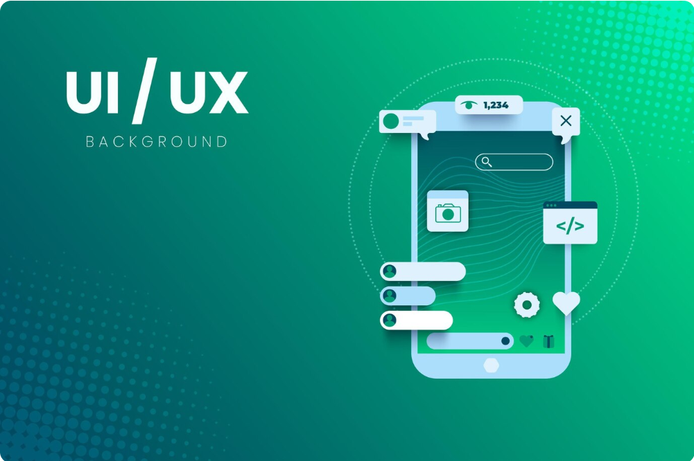 alt="UI UX design illustration with smartphone interface, icons for camera, code, heart, and user interactions on a green background"
