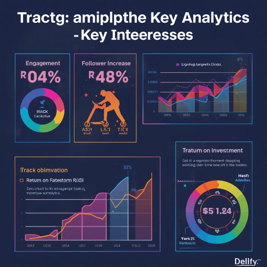 Social media analytics infographic with charts on engagement, followers, and ROI by a social media specialist in Kolkata.