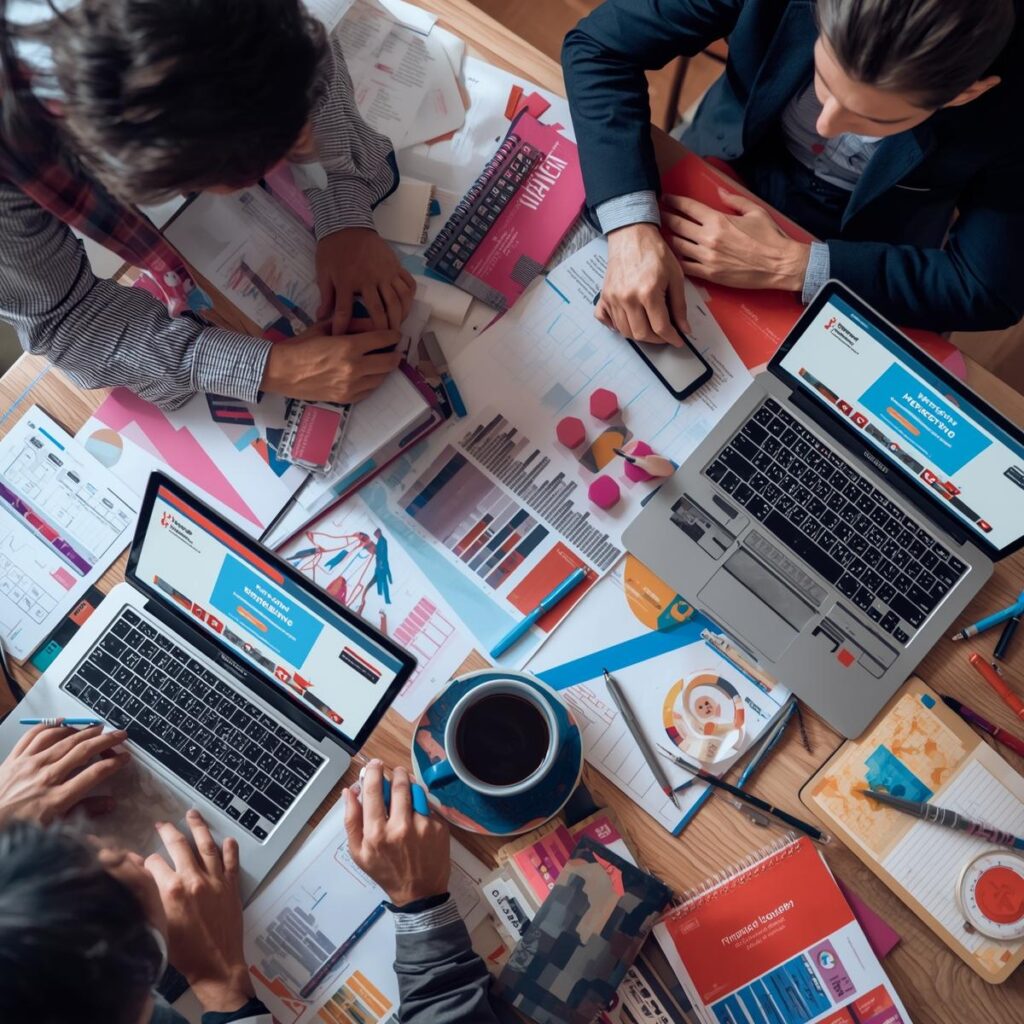 Business team working on digital marketing strategy with laptops and reports, guided by a social media specialist in Kolkata.