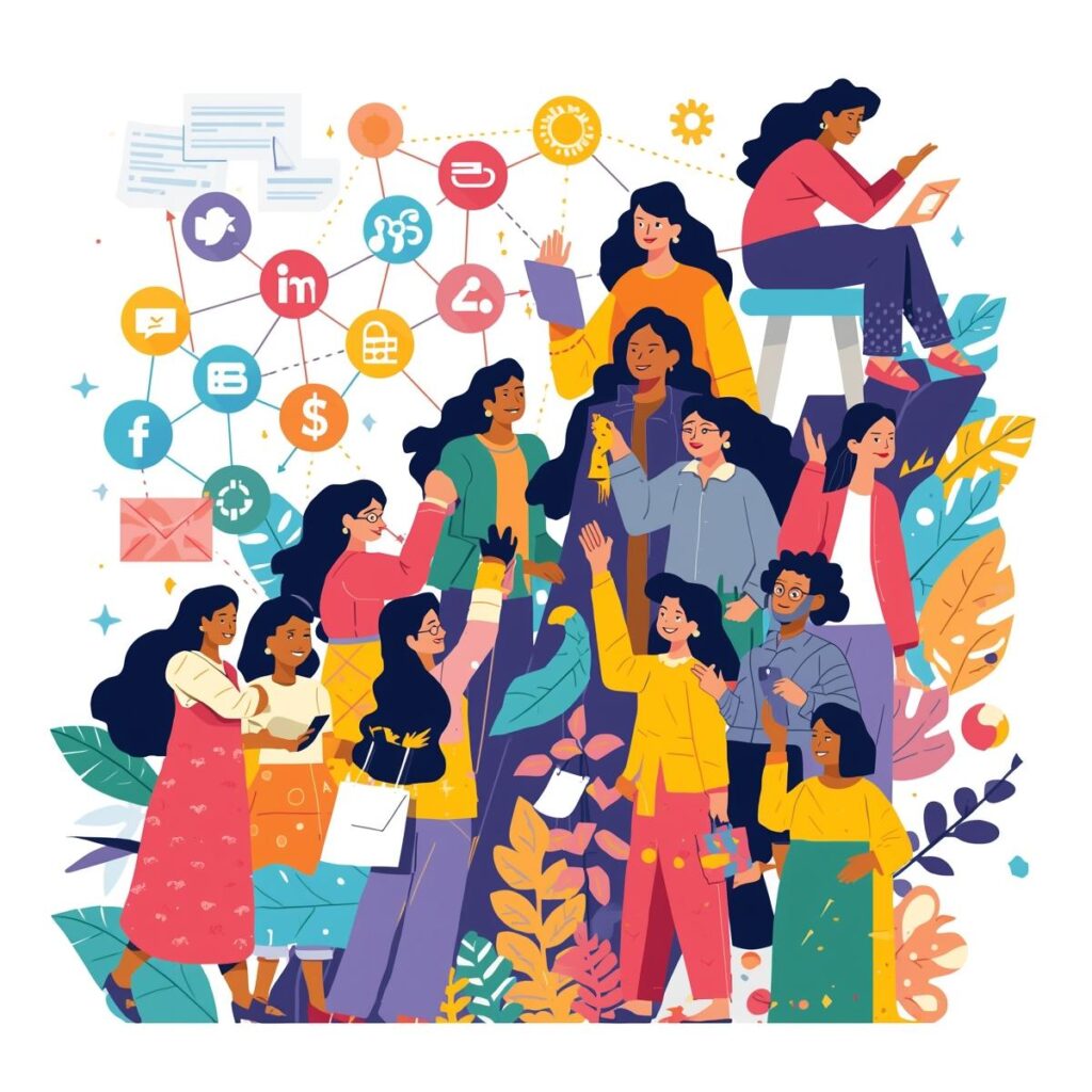 Illustration of people connecting and sharing online, symbolizing community growth by a social media specialist in Kolkata.