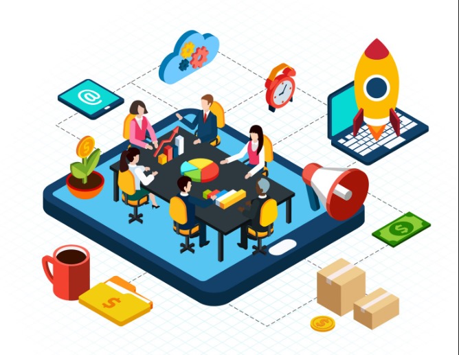 Team planning digital marketing strategies with icons representing growth, online engagement, and innovation in Kolkata.