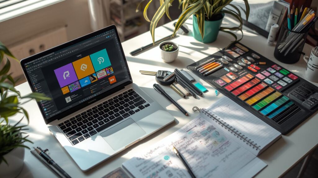 Creative workspace setup of a graphic designer in Kolkata with laptop, sketchpad, and color palette