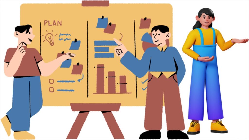 Two marketers showing business growth strategy while a digital marketing expert points toward the FAQ section — representing Subhrajit Paul, a leading Digital Marketing Expert in India.