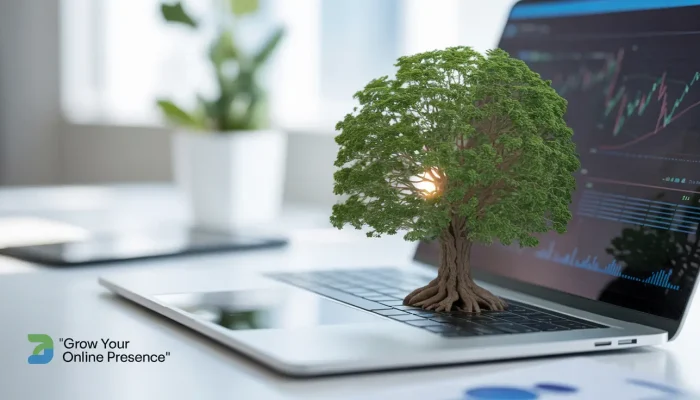 "A symbolic tree growing from a laptop keyboard with digital analytics on the screen, representing sustainable online growth" Subhrajit Paul.