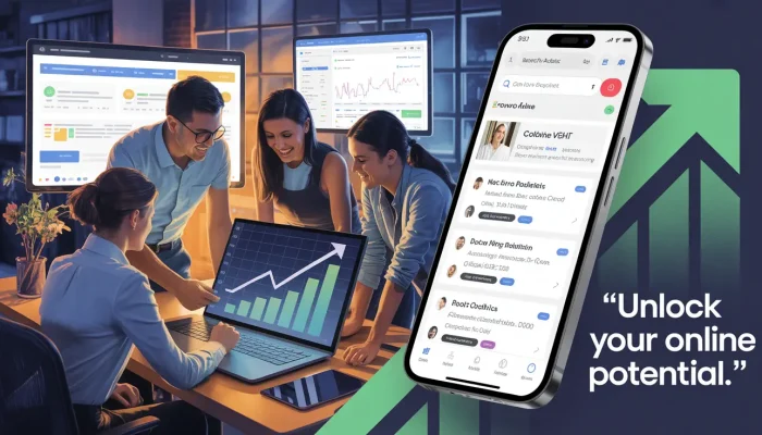 "Team analyzing digital marketing performance on screens with mobile interface showcasing online brand engagement" SEO Expert in Kolkata || Subhrajit Paul