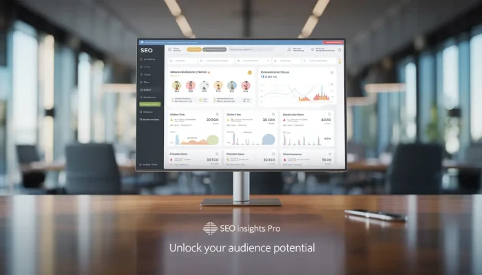 "Computer monitor displaying SEO analytics dashboard in a modern office with the text 'Unlock your audience potential'" Subhrajit Paul