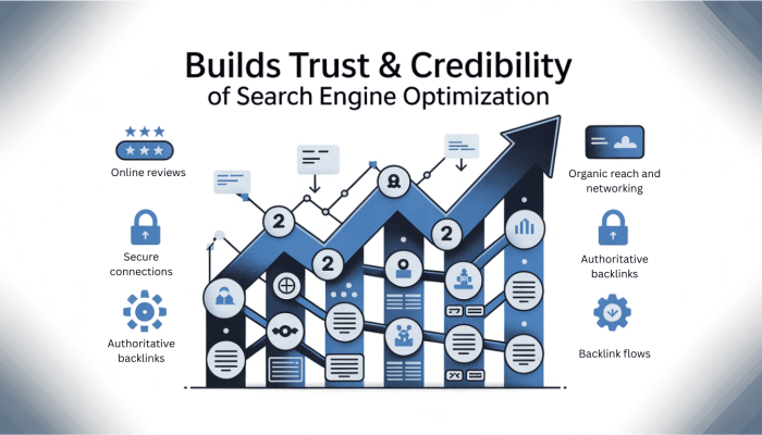 Illustration showing how SEO builds trust and credibility through reviews, secure connections, authoritative backlinks, and content optimization- SEO Expert in Kolkata || Subhrajit Paul